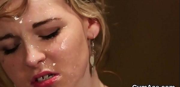  Wicked honey gets sperm load on her face swallowing all the jizz